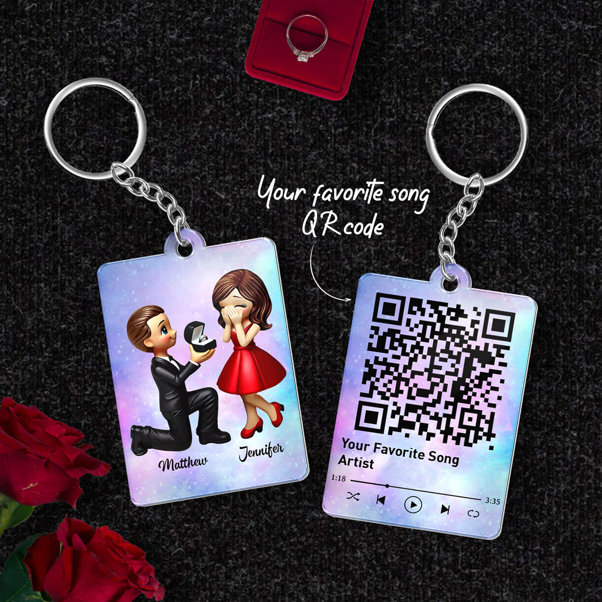 Newly Engaged Couple Gift Personalized Acrylic Flat Keychain, Just Engaged Gifts for Couples, Favorite Song Scannable QR Code