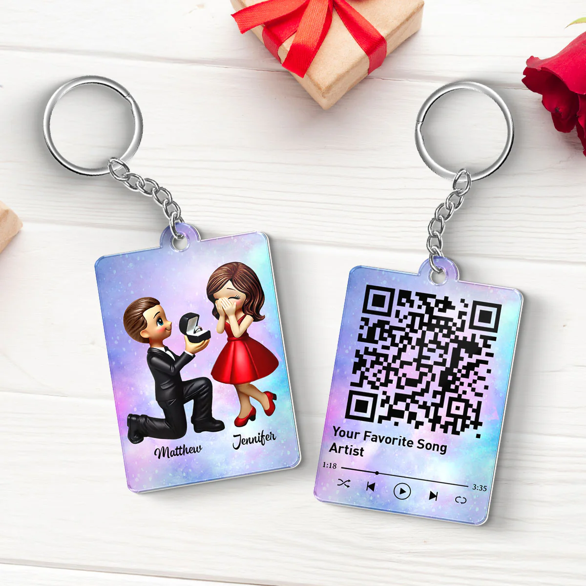Newly Engaged Couple Gift Personalized Acrylic Flat Keychain, Just Engaged Gifts for Couples, Favorite Song Scannable QR Code - Image 2