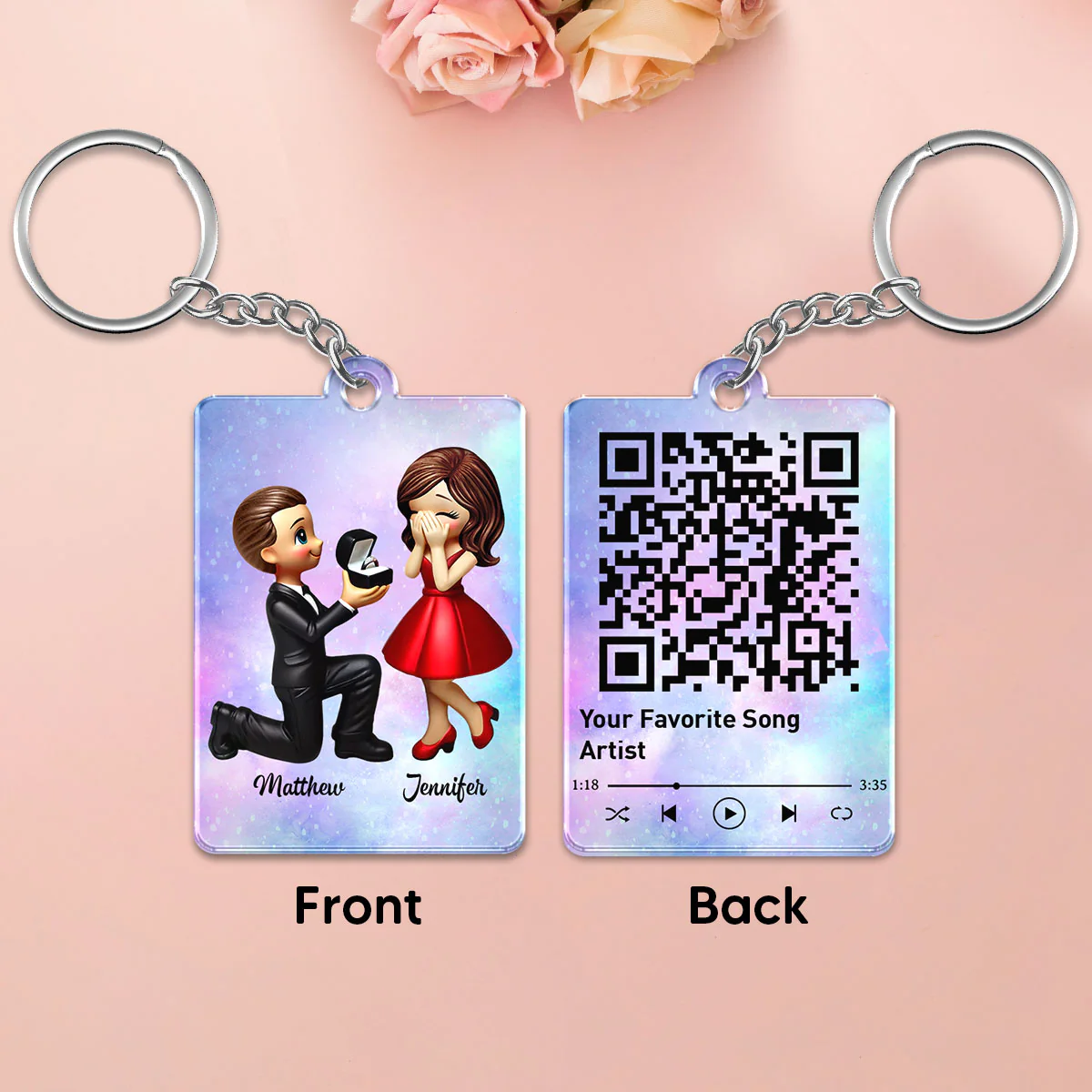 Newly Engaged Couple Gift Personalized Acrylic Flat Keychain, Just Engaged Gifts for Couples, Favorite Song Scannable QR Code - Image 3