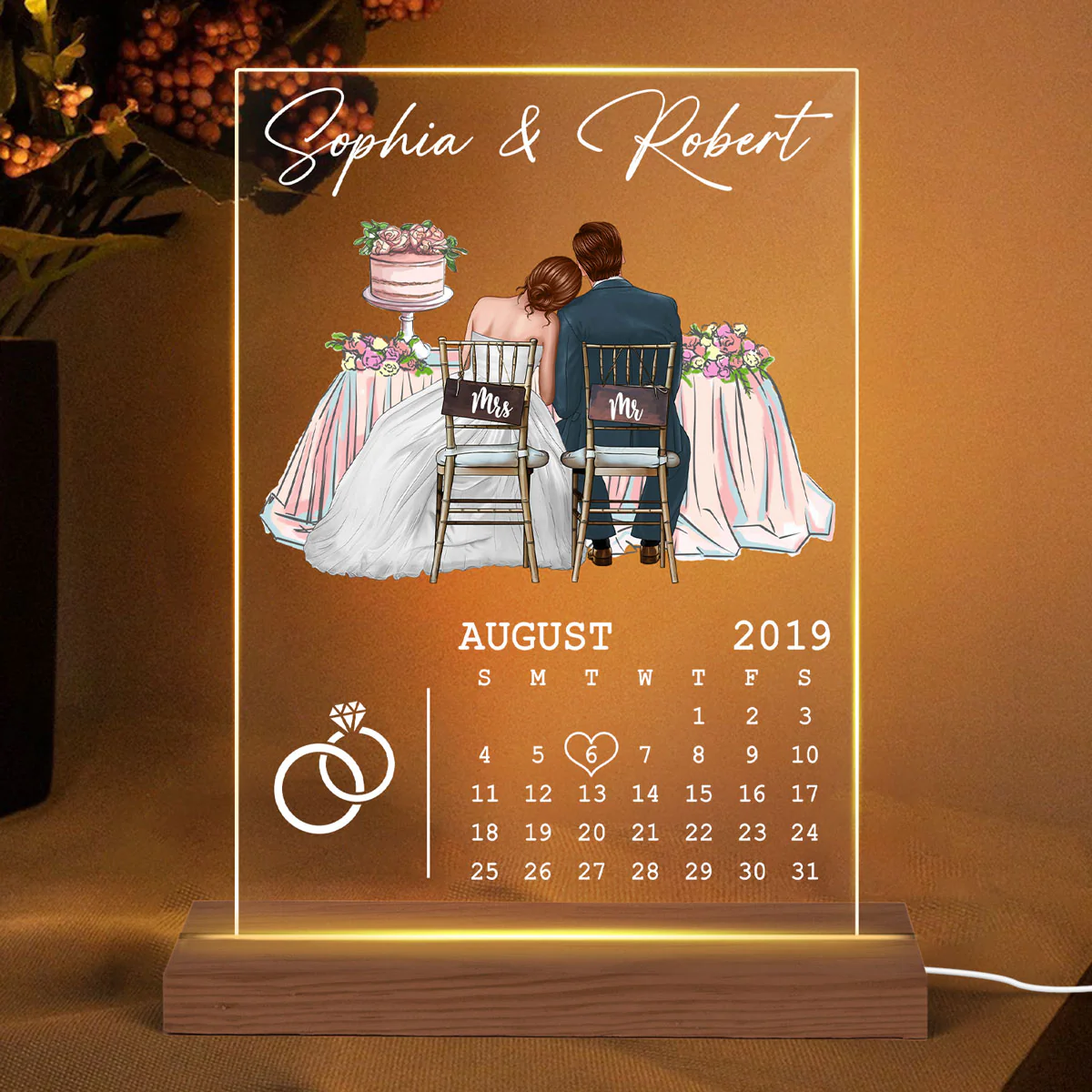 Newlywed Couple Sitting Personalized Acrylic Plaque LED Night Light - Wedding Anniversary Gift For Couple - Gift For Him - Gift For Her