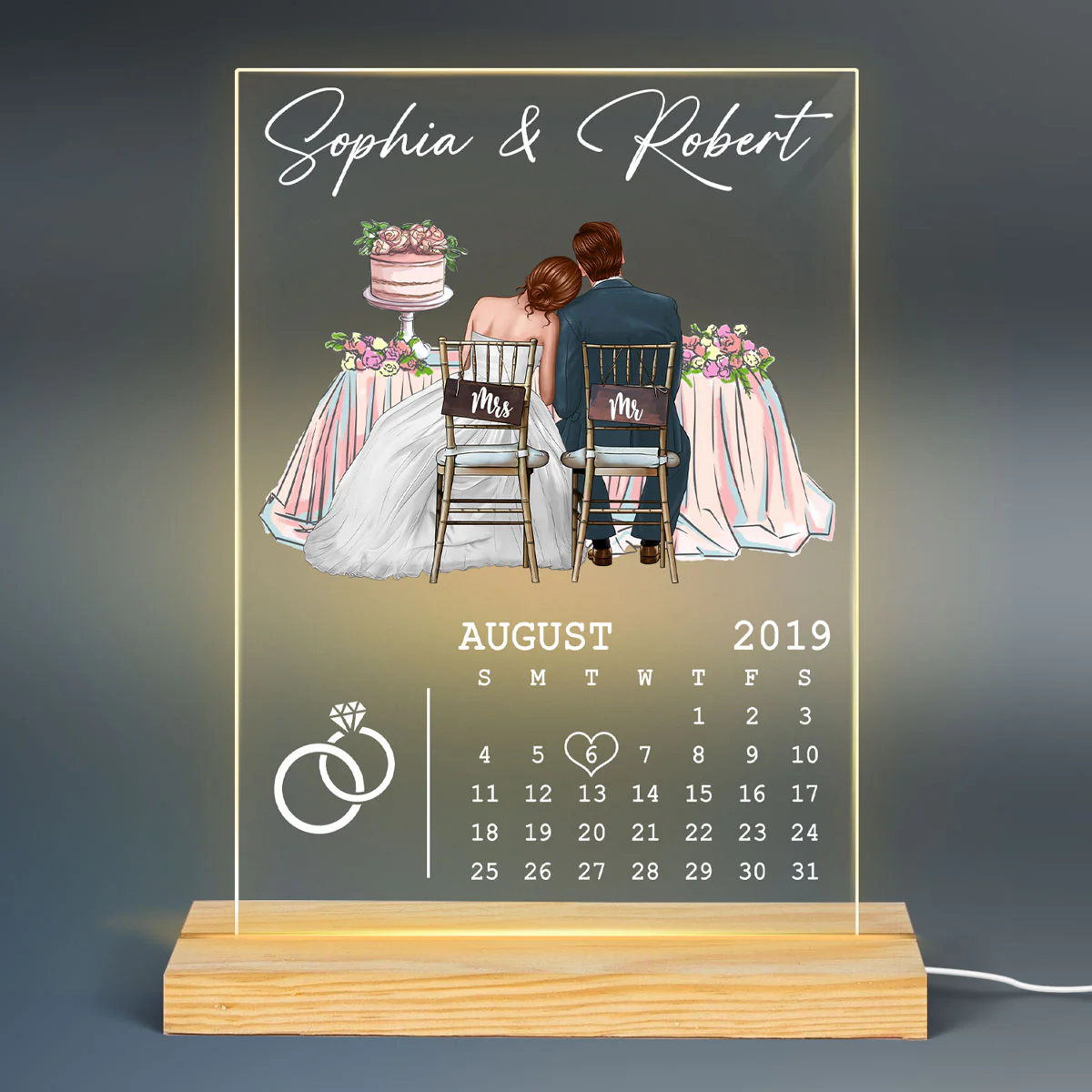 Newlywed Couple Sitting Personalized Acrylic Plaque LED Night Light - Wedding Anniversary Gift For Couple - Gift For Him - Gift For Her - Image 2