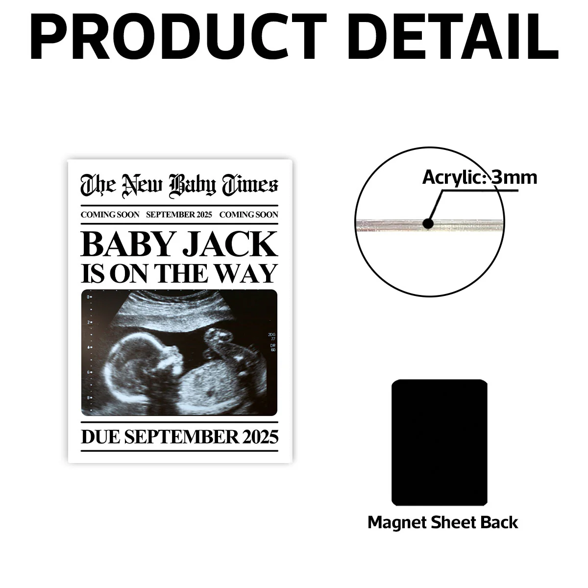 Newspaper Baby Coming Soon Personalized Acrylic Fridge Magnet, Unique Pregnancy Announcement - Image 6