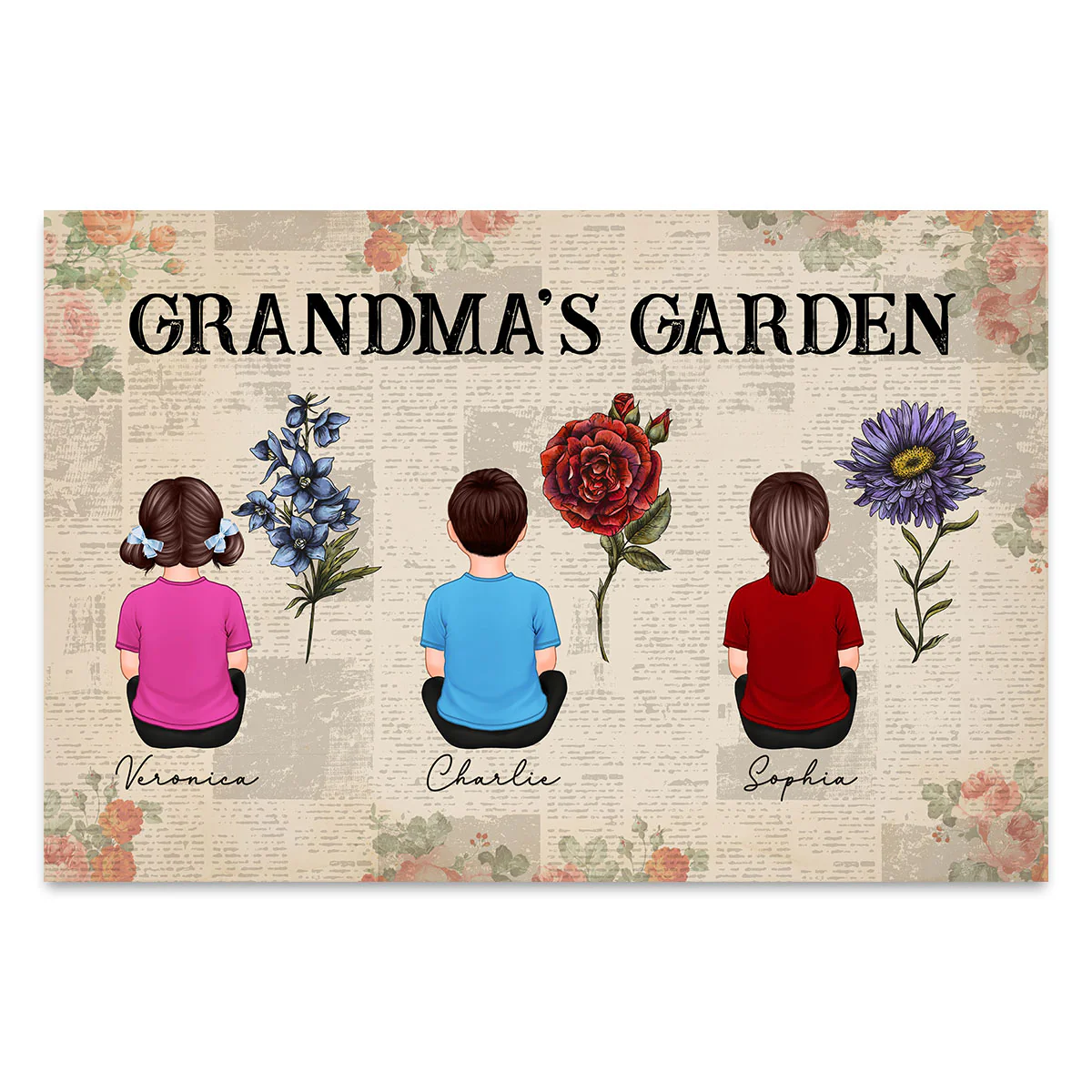 Newspaper Background Grandkids Sitting Grandma Garden Vintage Birth Month Flowers Personalized Horizontal Poster - Image 2