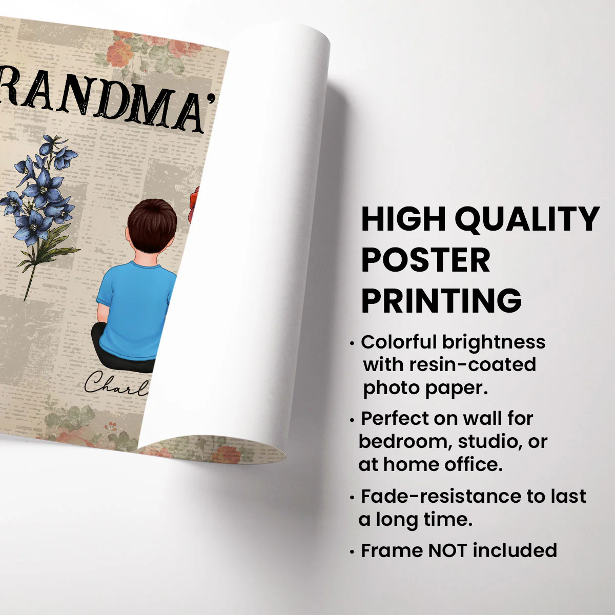 Newspaper Background Grandkids Sitting Grandma Garden Vintage Birth Month Flowers Personalized Horizontal Poster - Image 3