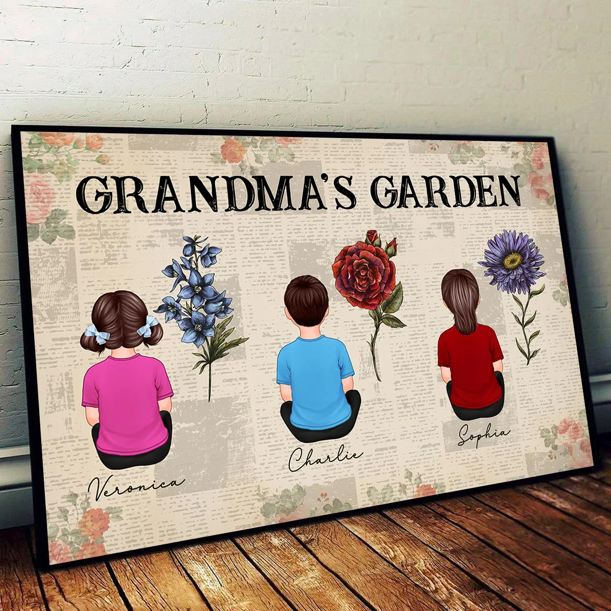 Newspaper Background Grandkids Sitting Grandma Garden Vintage Birth Month Flowers Personalized Horizontal Poster - Image 4