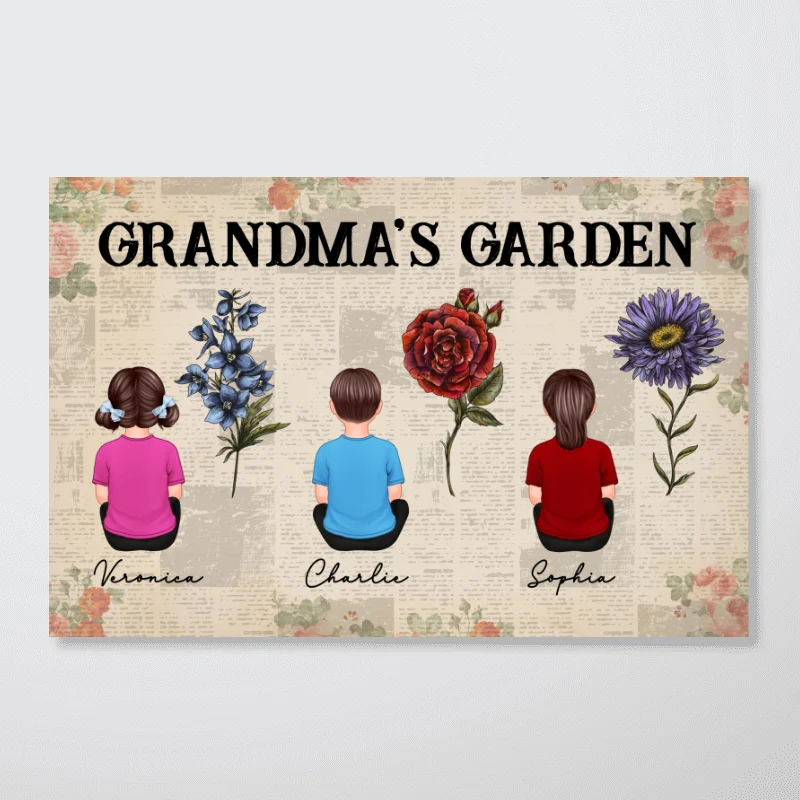 Newspaper Background Grandkids Sitting Grandma Garden Vintage Birth Month Flowers Personalized Horizontal Poster - Image 6