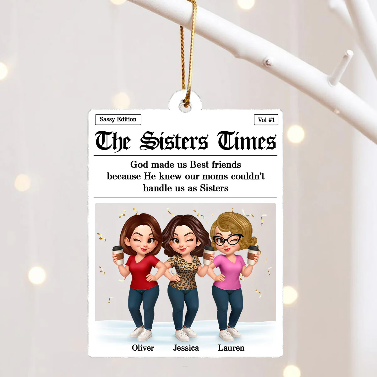 Newspaper Besties Sisters Friends Personalized Acrylic Ornament, Christmas Gift - Image 3