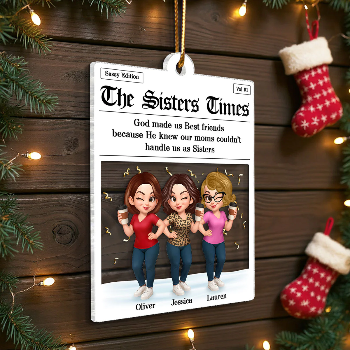 Newspaper Besties Sisters Friends Personalized Acrylic Ornament, Christmas Gift - Image 7