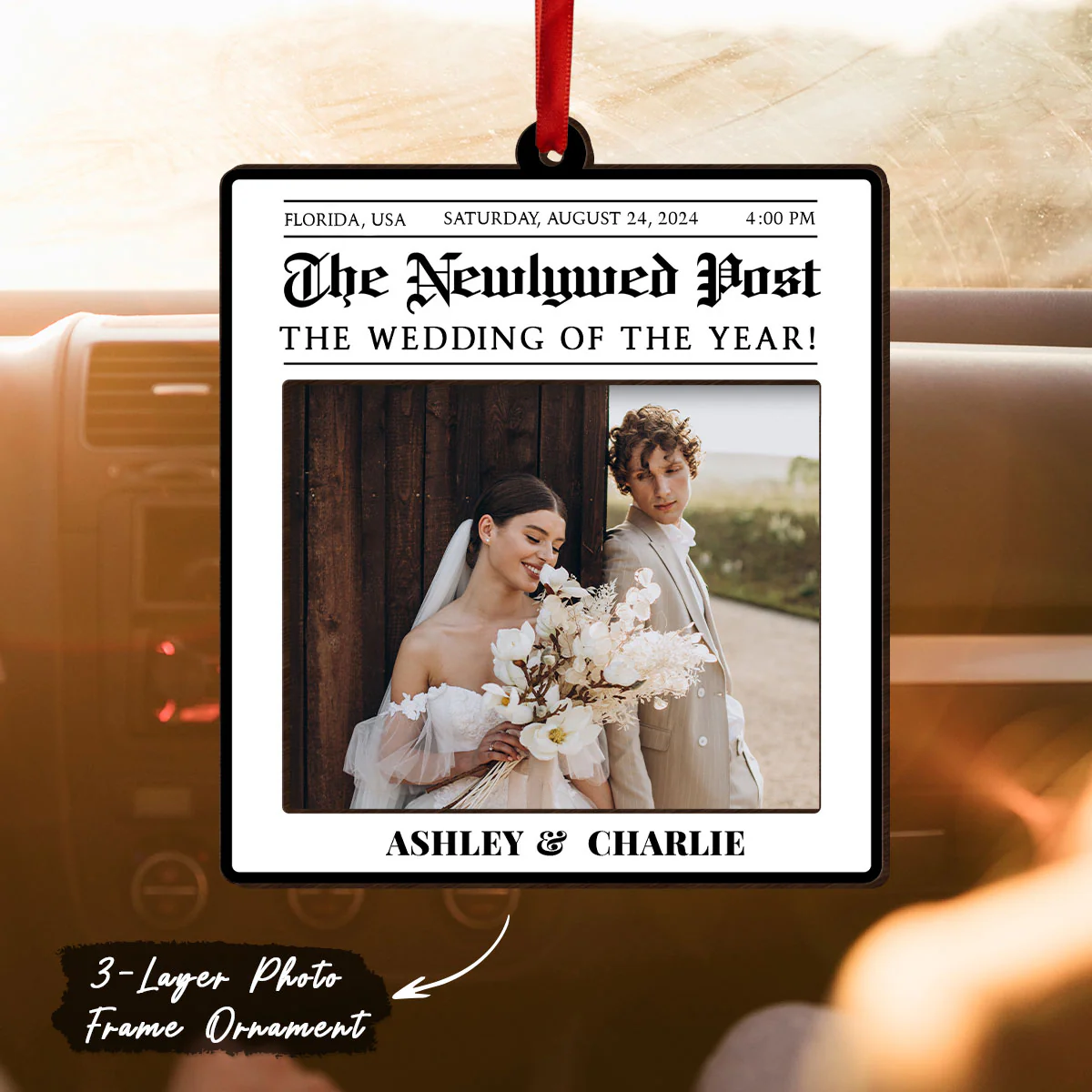 Newspaper Newlywed Anniversary Personalized Photo Frame Ornament, Unique Christmas Gift for Newlywed, Couple, Hanging Photo Car Ornament