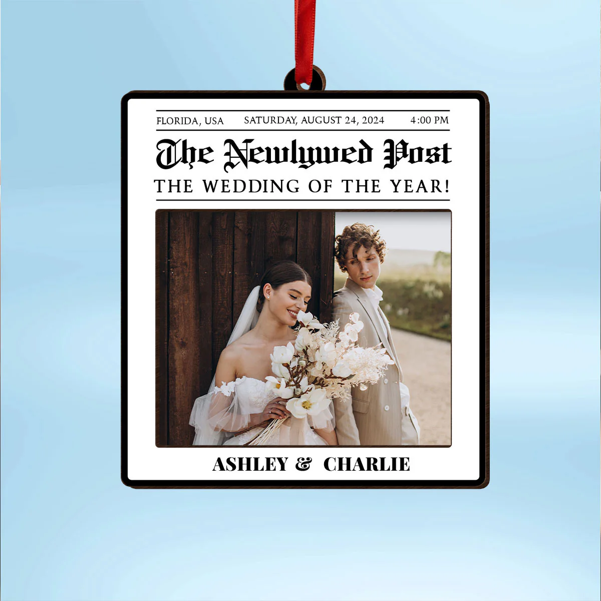 Newspaper Newlywed Anniversary Personalized Photo Frame Ornament, Unique Christmas Gift for Newlywed, Couple, Hanging Photo Car Ornament - Image 2