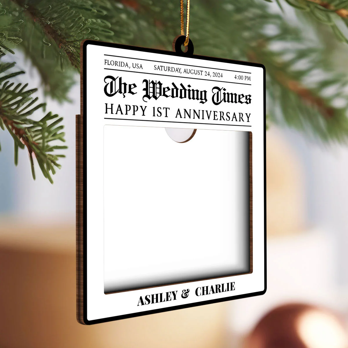 Newspaper Newlywed Anniversary Personalized Photo Frame Ornament, Unique Christmas Gift for Newlywed, Couple, Hanging Photo Car Ornament - Image 5