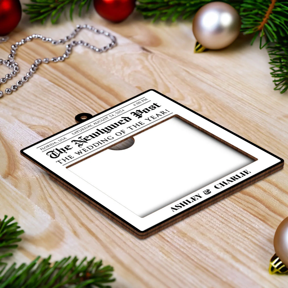 Newspaper Newlywed Anniversary Personalized Photo Frame Ornament, Unique Christmas Gift for Newlywed, Couple, Hanging Photo Car Ornament - Image 6