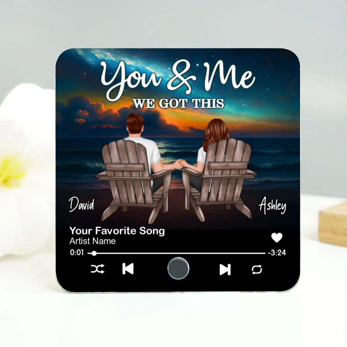 Night Beach Landscape Couple Sitting Back View Personalized Music Magnet - Image 11