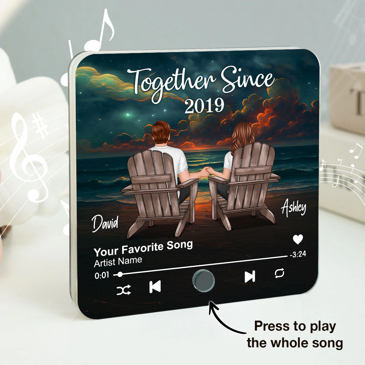 Night Beach Landscape Couple Sitting Back View Personalized Music Magnet - Image 2