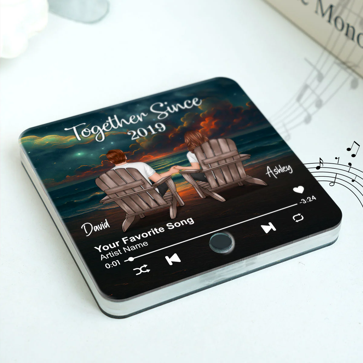 Night Beach Landscape Couple Sitting Back View Personalized Music Magnet - Image 7