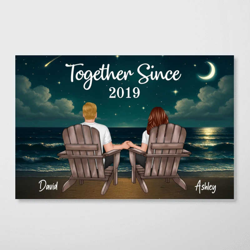 Night Beach Landscape Couple Sitting Back View Personalized Poster - Image 11