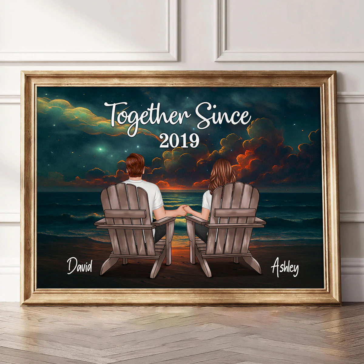 Night Beach Landscape Couple Sitting Back View Personalized Poster - Image 2
