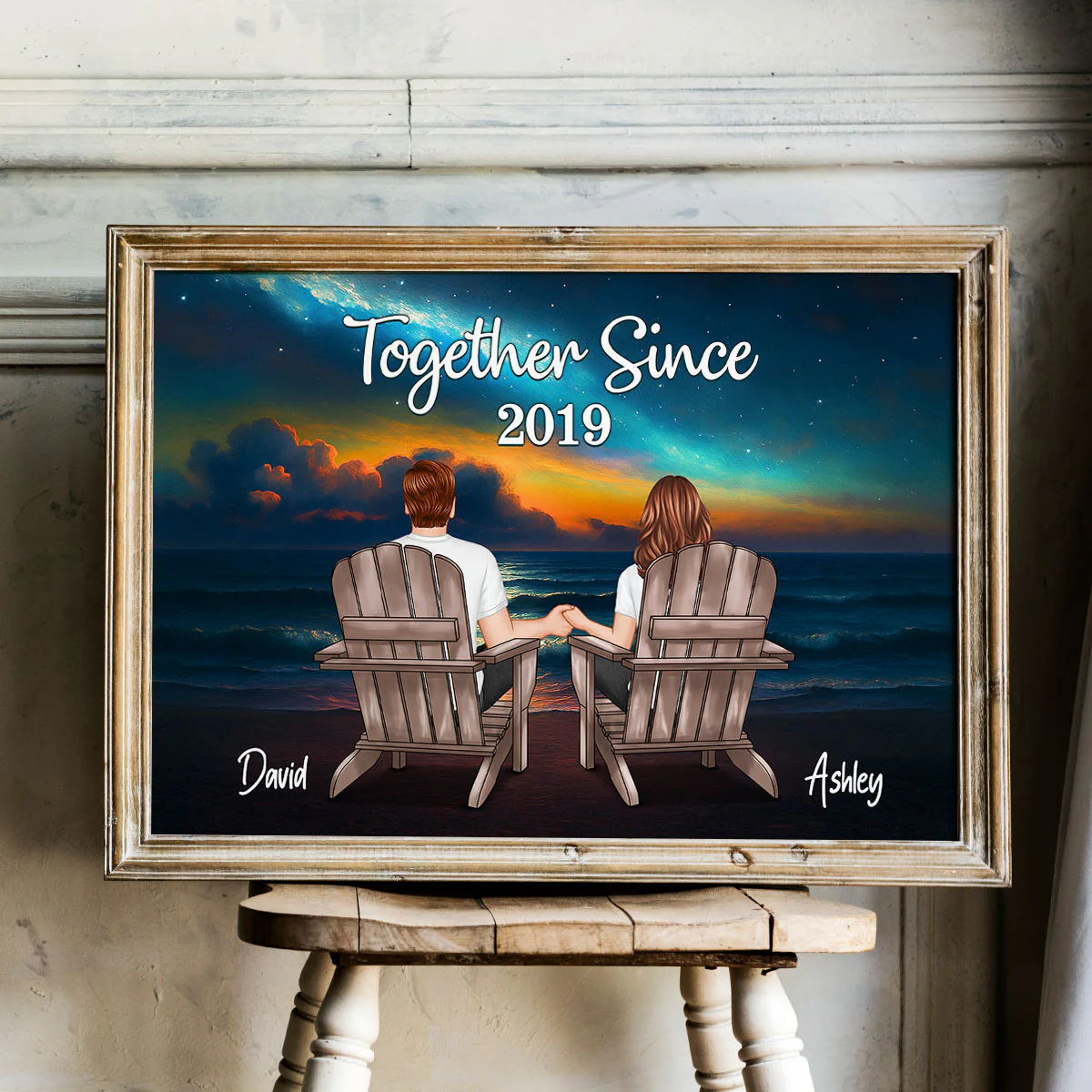 Night Beach Landscape Couple Sitting Back View Personalized Poster - Image 3
