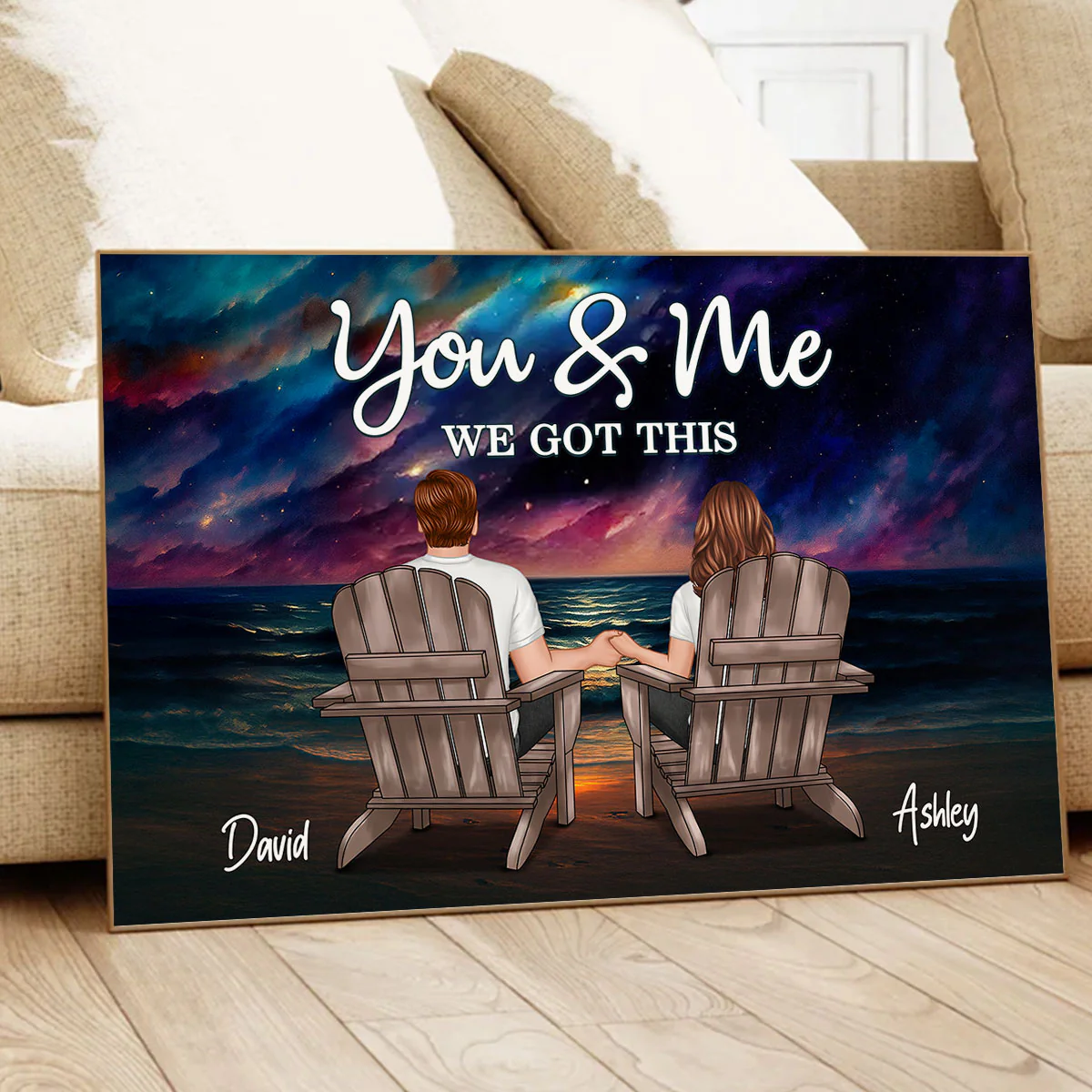Night Beach Landscape Couple Sitting Back View Personalized Poster - Image 4