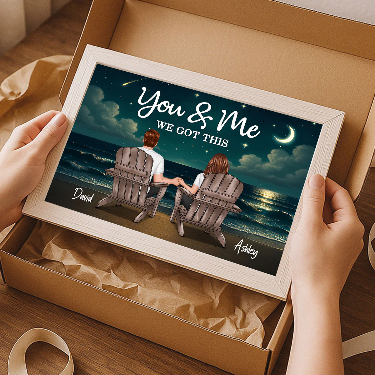 Night Beach Landscape Couple Sitting Back View Personalized Poster - Image 5