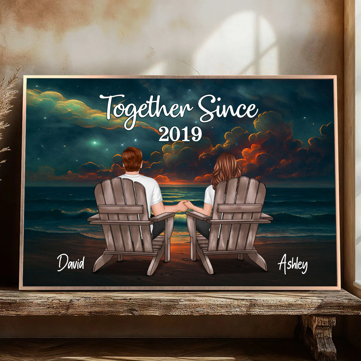 Night Beach Landscape Couple Sitting Back View Personalized Poster - Image 6