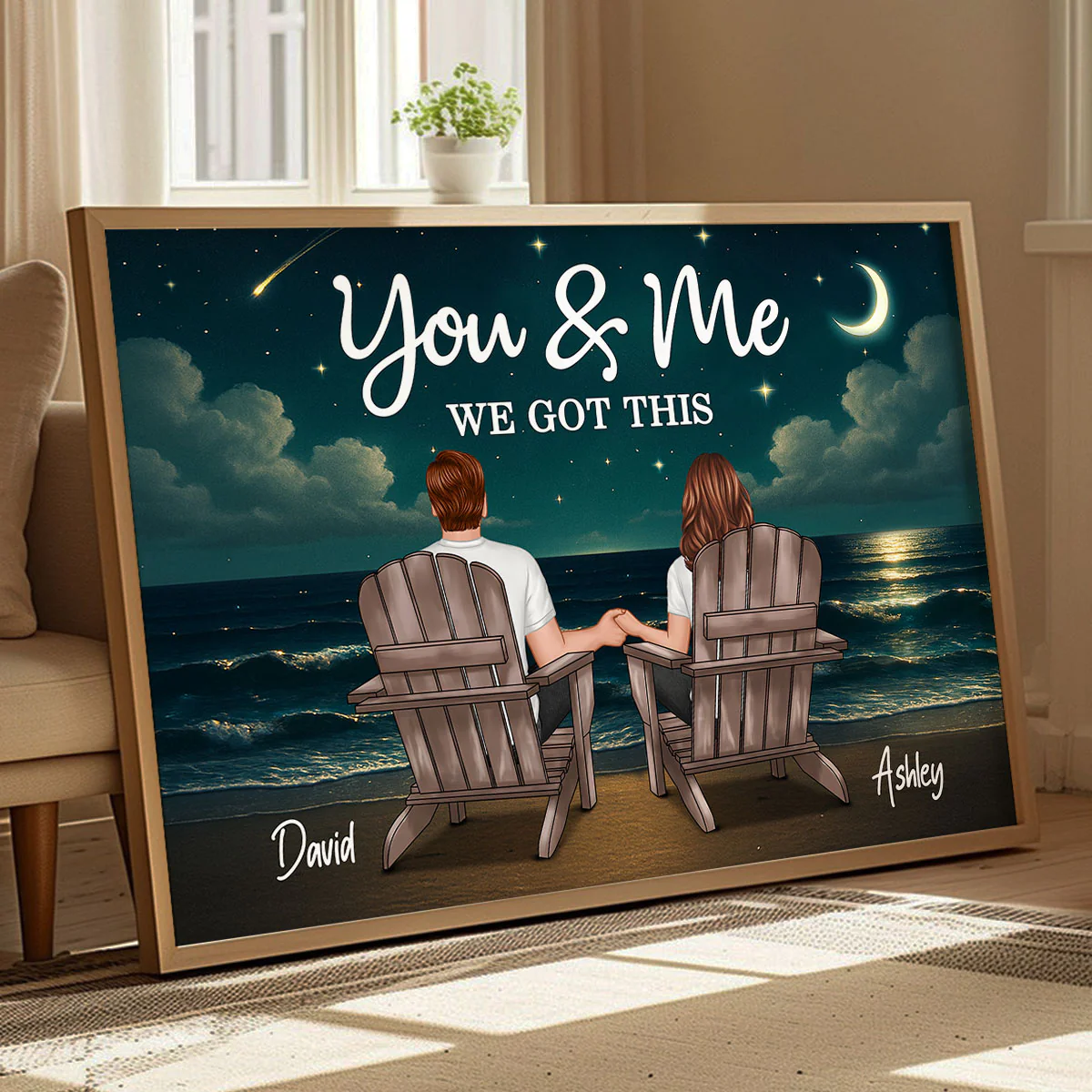 Night Beach Landscape Couple Sitting Back View Personalized Poster - Image 9