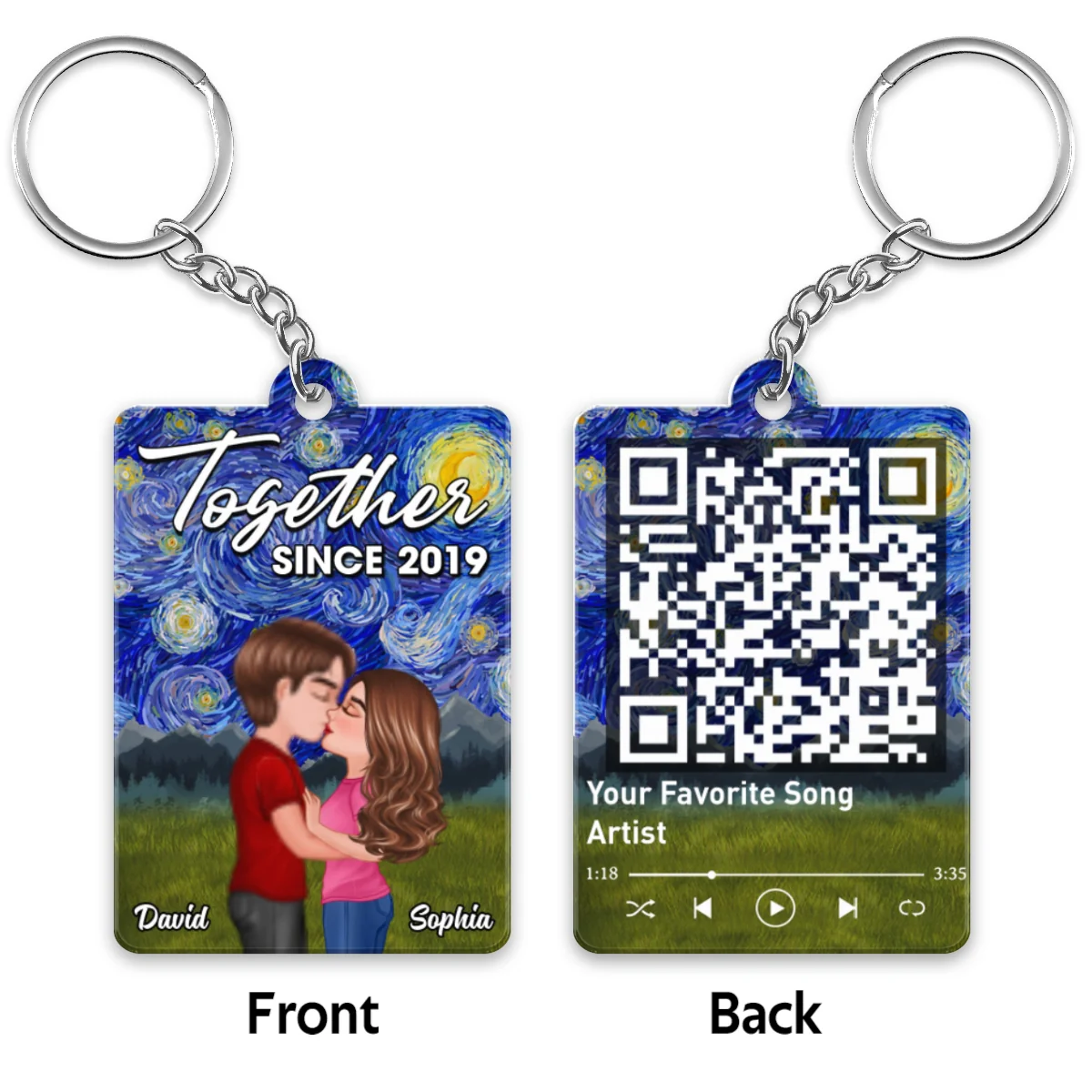 Night Sky Swirl Glowing Moon Couple Kissing Favorite Song QR Code Personalized Acrylic Keychain - Image 4