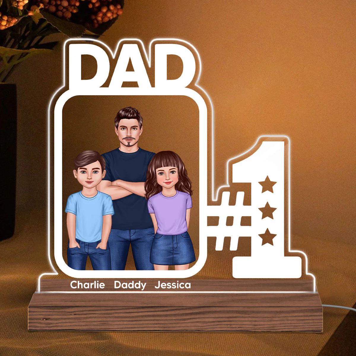 No 1 Dad And Kids Standing Personalized Custom Shape Warm LED Night Light - Image 2