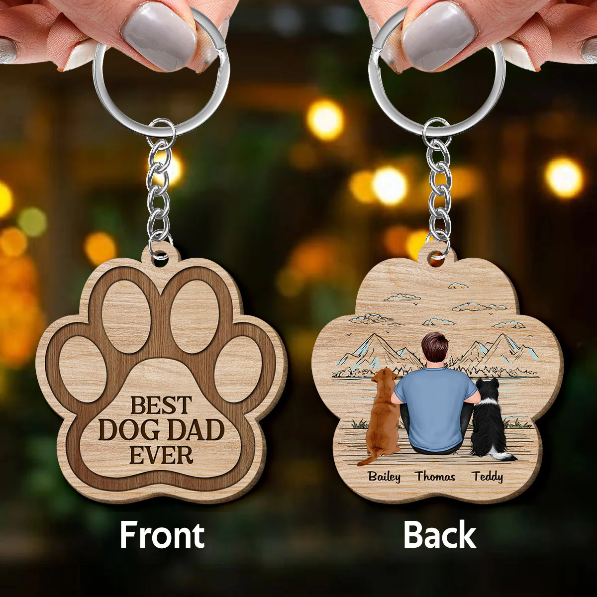 No. 1 Dog Dad Back View Sitting Man & Dog Personalized Paw Shaped Wooden Keychain - Image 3