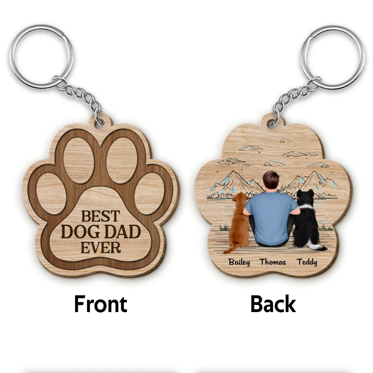 No. 1 Dog Dad Back View Sitting Man & Dog Personalized Paw Shaped Wooden Keychain - Image 4