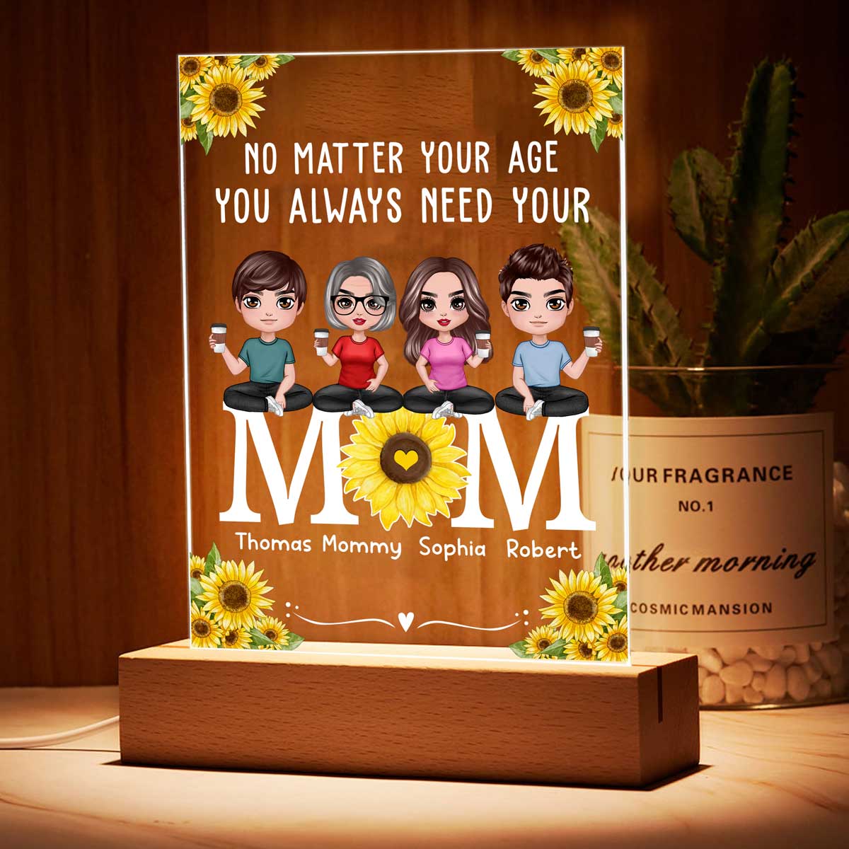 No Matter Your Age You Always Need Your Mom Doll Mom And Daughters Sons Sitting On Sunflower Word Personalized Rectangle Acrylic Plaque LED Night Light - Image 3