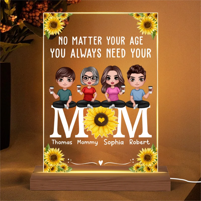 No Matter Your Age You Always Need Your Mom Doll Mom And Daughters Sons Sitting On Sunflower Word Personalized Rectangle Acrylic Plaque LED Night Light - Image 4