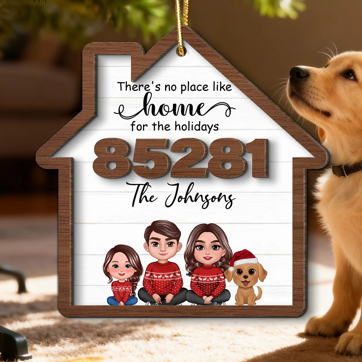 No Place Like Home For The Holidays Doll Family Sitting Zip Code - Personalized 2-Layer Wooden Ornament - Image 3