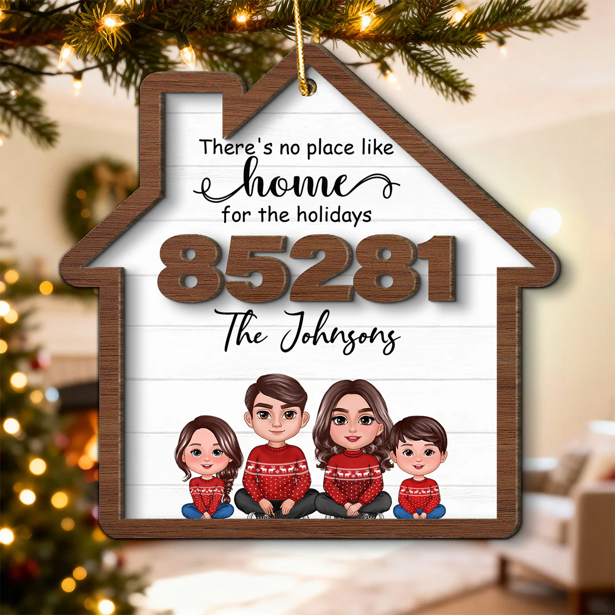 No Place Like Home For The Holidays Doll Family Sitting Zip Code - Personalized 2-Layer Wooden Ornament - Image 4