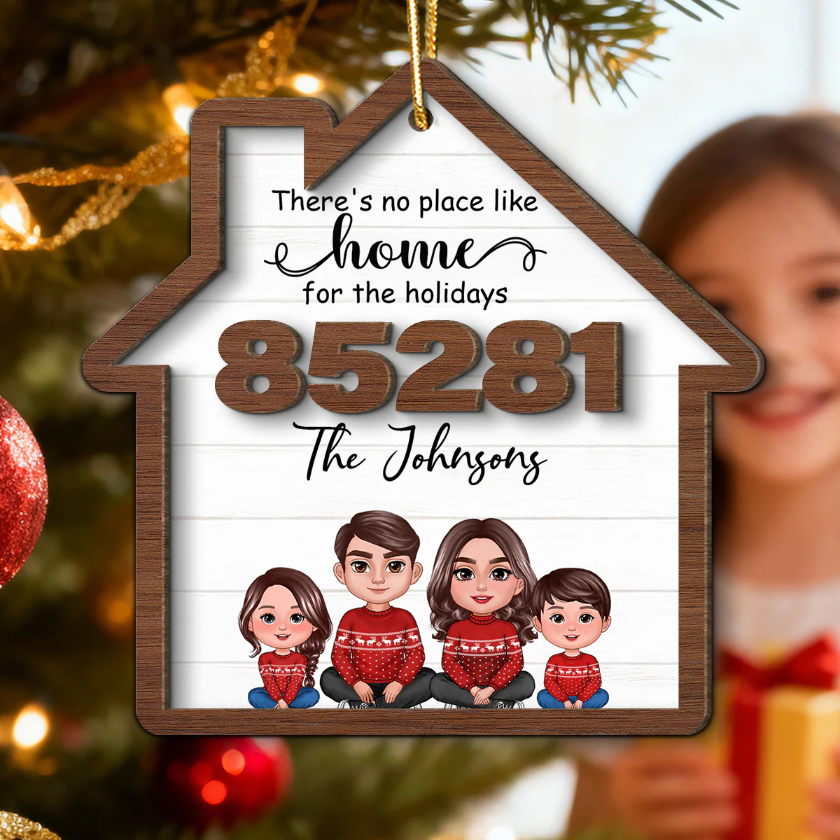 No Place Like Home For The Holidays Doll Family Sitting Zip Code - Personalized 2-Layer Wooden Ornament - Image 5