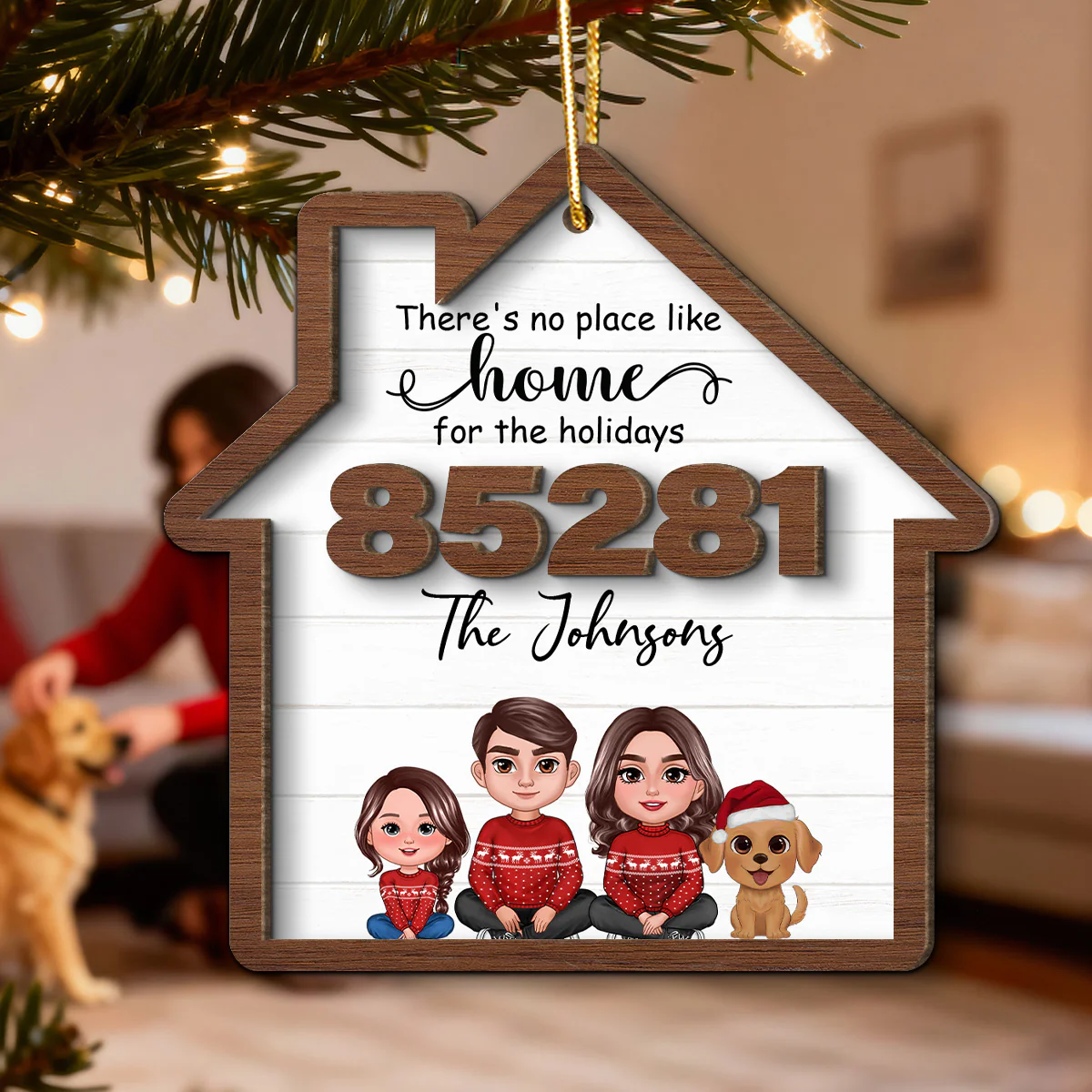 No Place Like Home For The Holidays Doll Family Sitting Zip Code - Personalized 2-Layer Wooden Ornament - Image 6