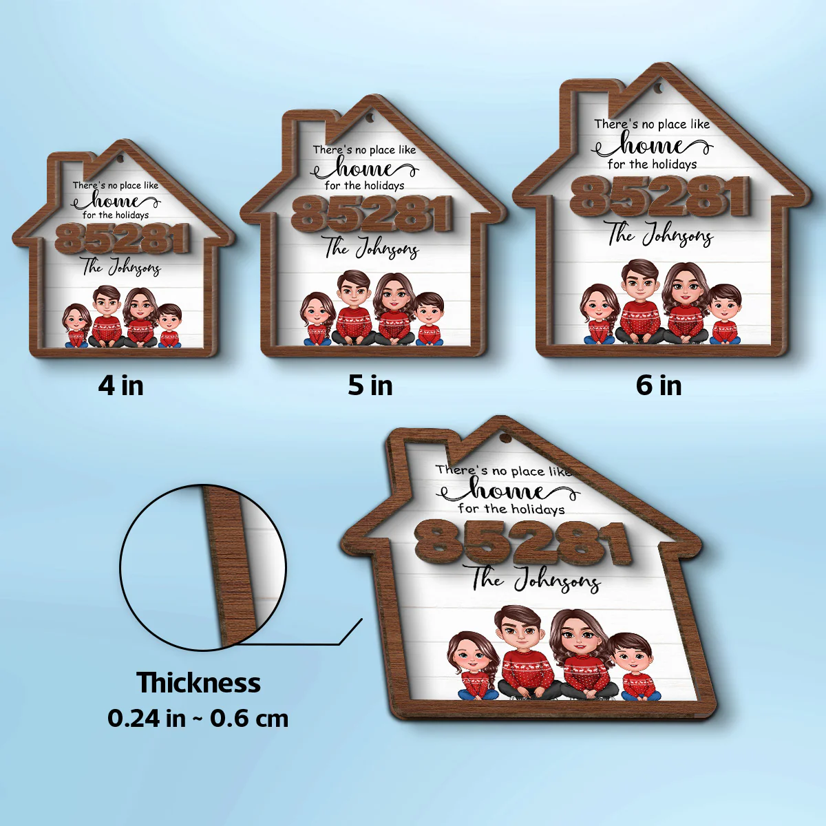 No Place Like Home For The Holidays Doll Family Sitting Zip Code - Personalized 2-Layer Wooden Ornament - Image 7