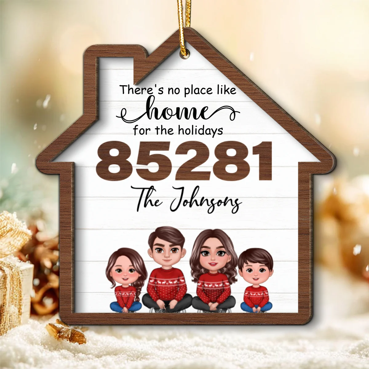 No Place Like Home For The Holidays Doll Family Sitting Zip Code - Personalized 2-Layer Wooden Ornament - Image 9