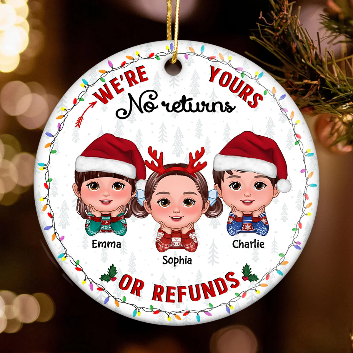 No Returns Or Refunds Grandkids Christmas Light Frame Personalized Circle Ceramic Ornament