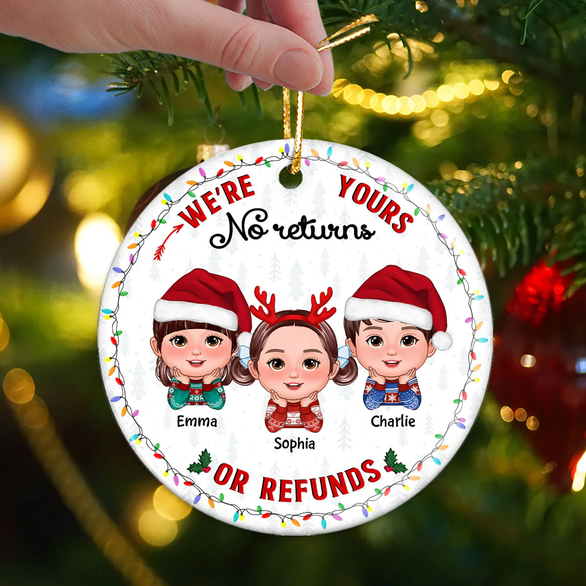 No Returns Or Refunds Grandkids Christmas Light Frame Personalized Circle Ceramic Ornament - Image 2