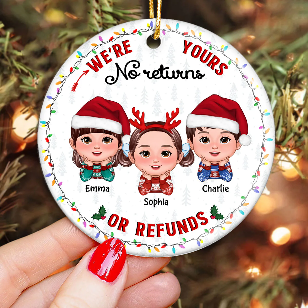 No Returns Or Refunds Grandkids Christmas Light Frame Personalized Circle Ceramic Ornament - Image 3