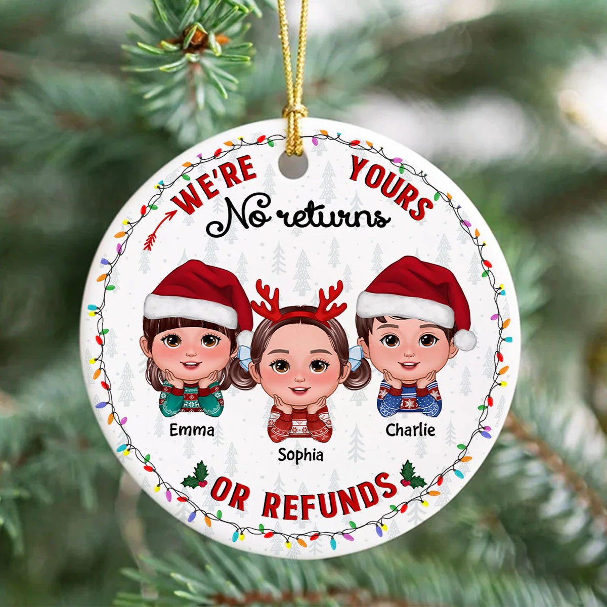 No Returns Or Refunds Grandkids Christmas Light Frame Personalized Circle Ceramic Ornament - Image 5
