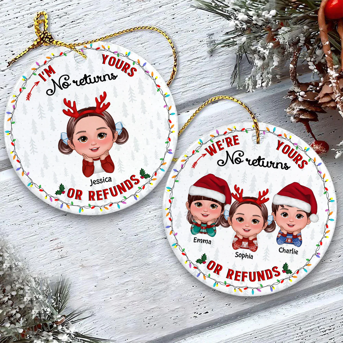 No Returns Or Refunds Grandkids Christmas Light Frame Personalized Circle Ceramic Ornament - Image 6