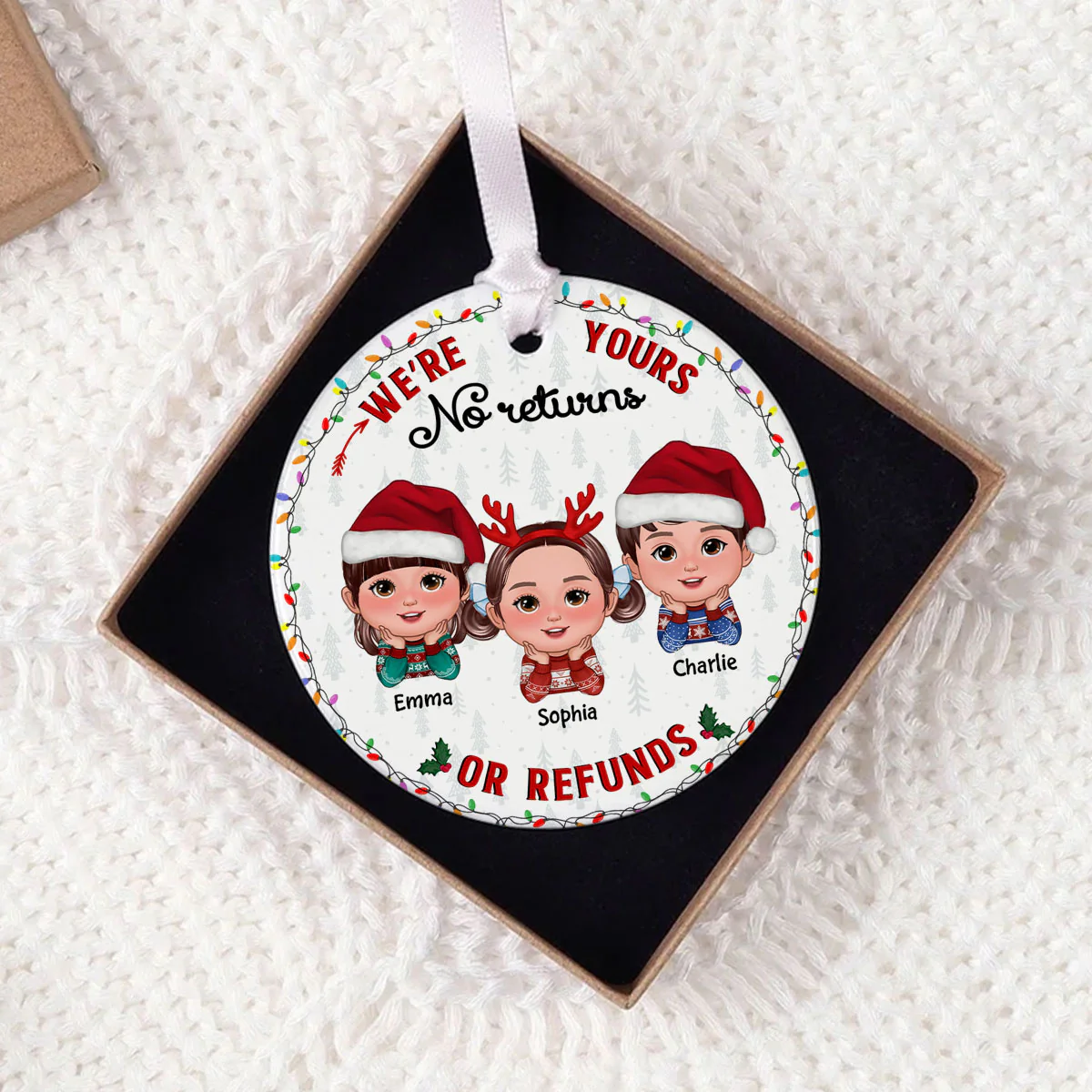 No Returns Or Refunds Grandkids Christmas Light Frame Personalized Circle Ceramic Ornament - Image 8