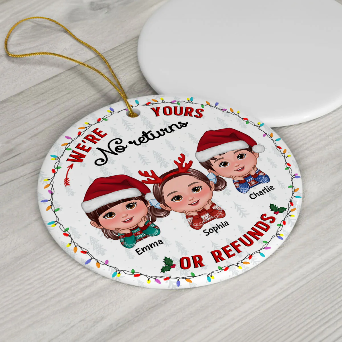 No Returns Or Refunds Grandkids Christmas Light Frame Personalized Circle Ceramic Ornament - Image 9