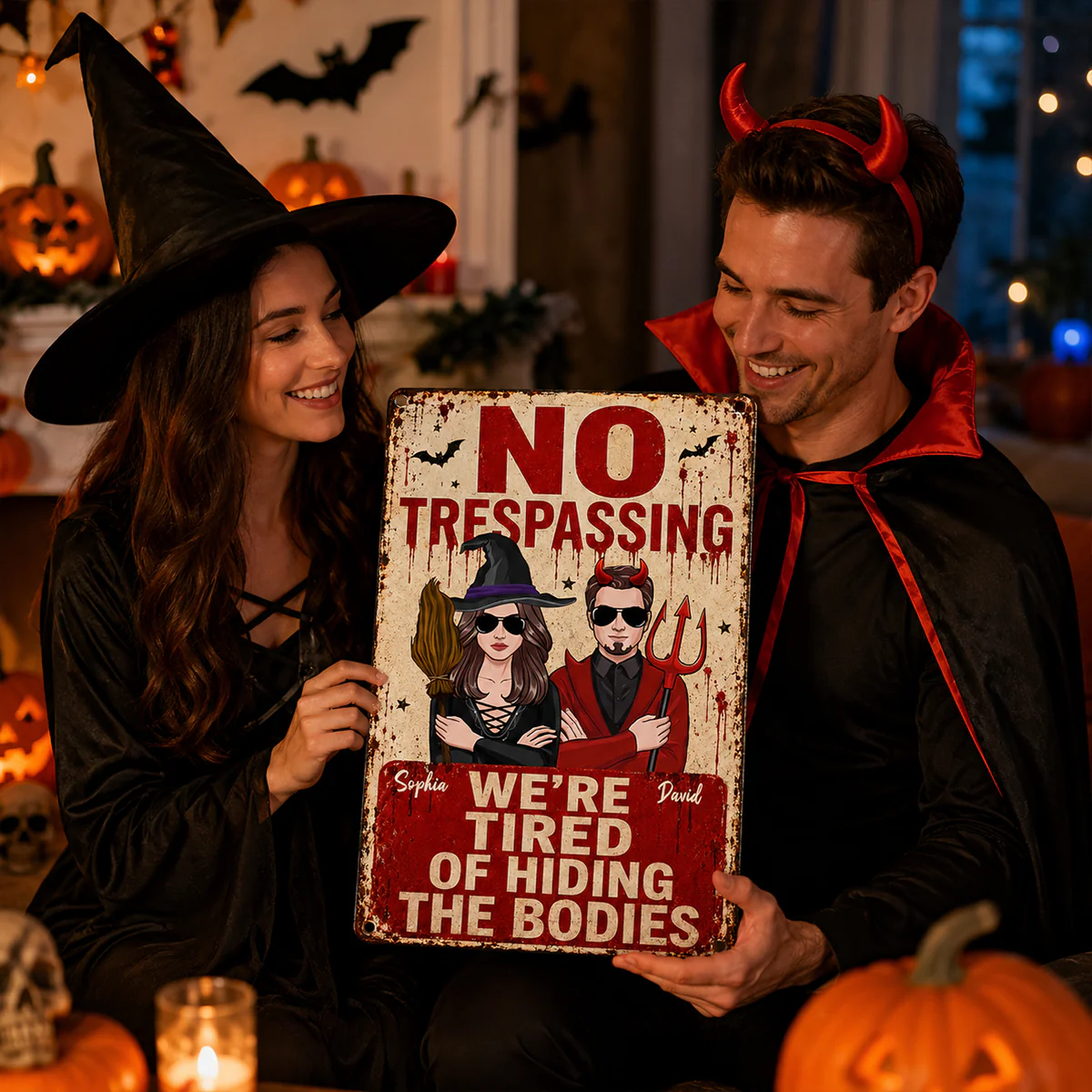 No Trespassing We're Tired of Hiding the Bodies - Personalized Metal Sign - Halloween Decor for Couples - Image 3