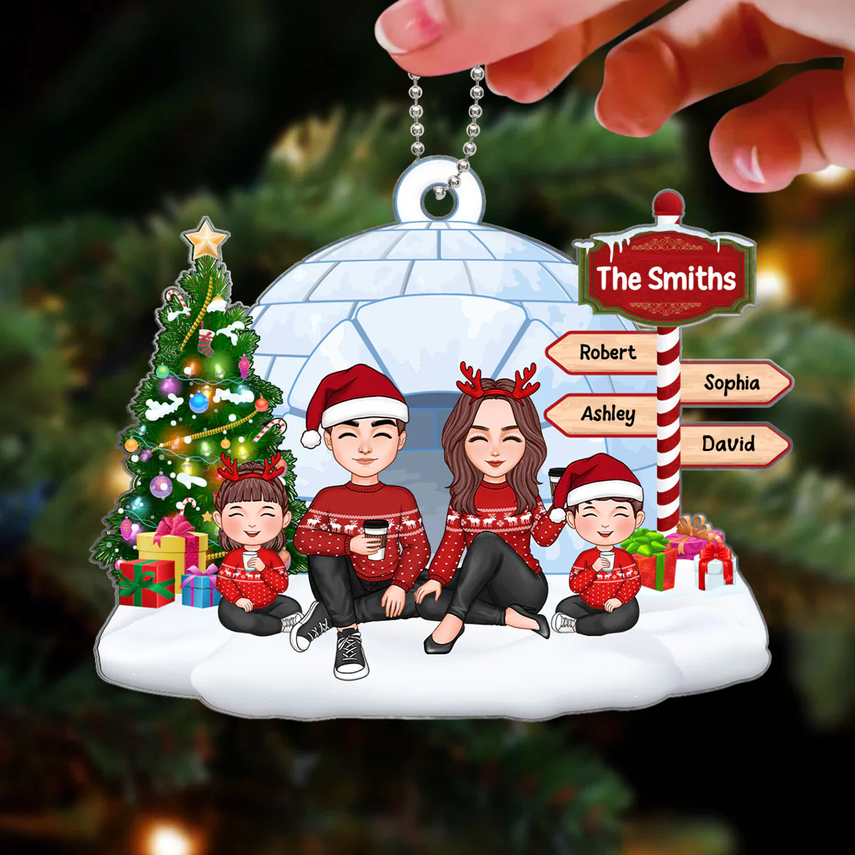 North Pole Cute Family Sitting Personalized Acrylic Ornament - Image 3
