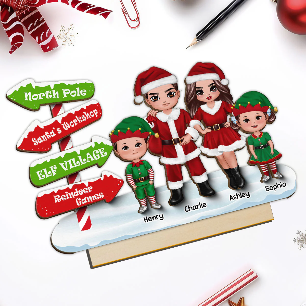 North Pole Sign Santa ELF Family Christmas Personalized 2-Layer Standing Wooden Plaque - Image 5