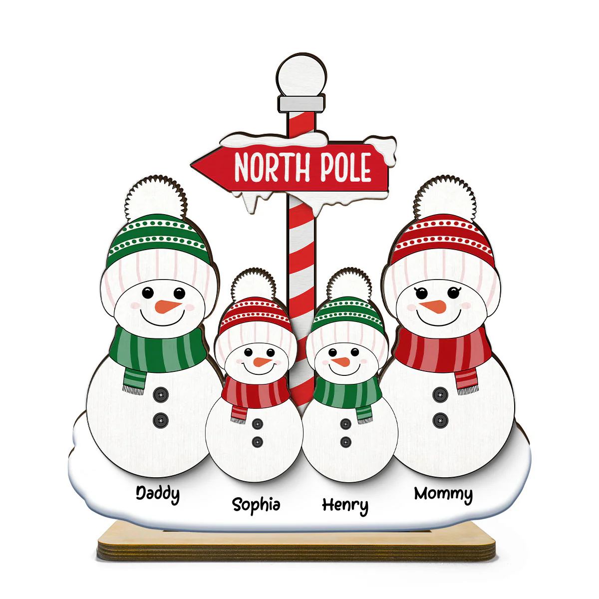 North Pole Snowman Family Christmas Personalized 2-Layer Standing Wooden Plaque - Image 2