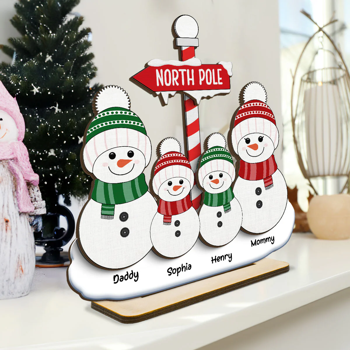 North Pole Snowman Family Christmas Personalized 2-Layer Standing Wooden Plaque - Image 3